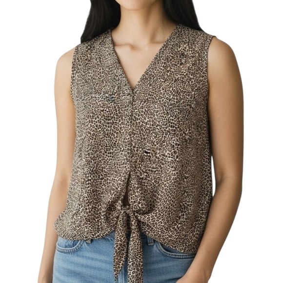 Michael Kors Animal Print Tie-Front Blouse Sleeveless Leopard Medium - Picture 1 of 13